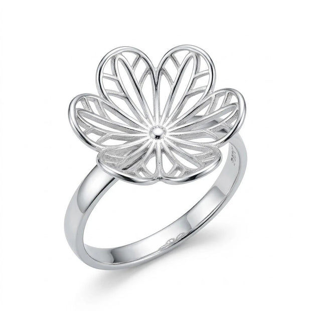 The 925 silver Stone Flower Ring with the stone unscrewed — the base that takes the stone-swap tops