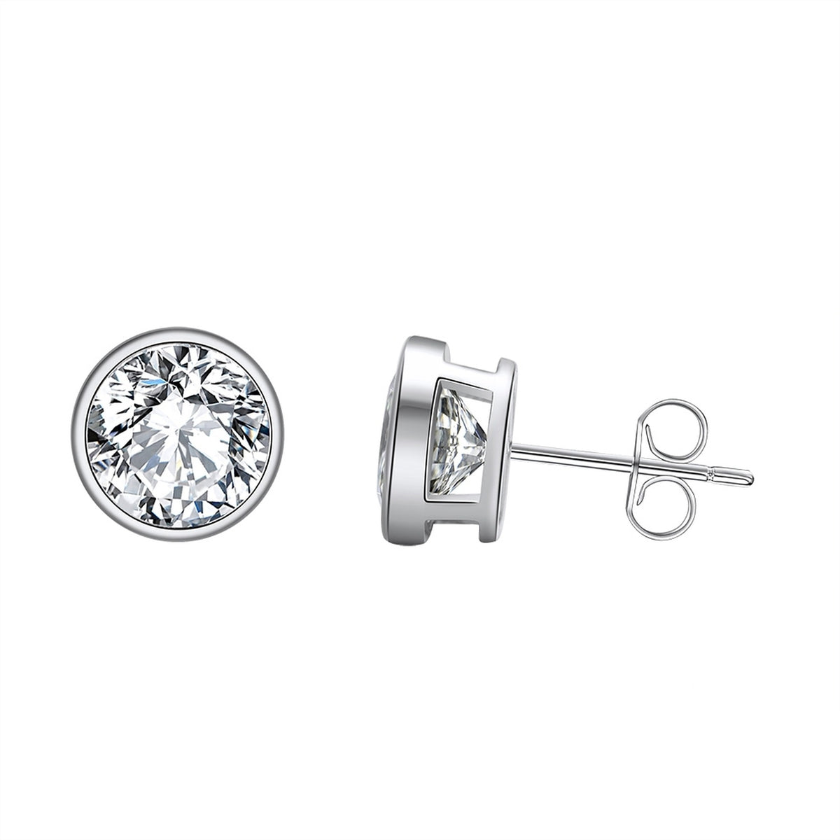 925 sterling silver round bezel-set solitaire CZ stud earrings, 8 mm, on a white background.