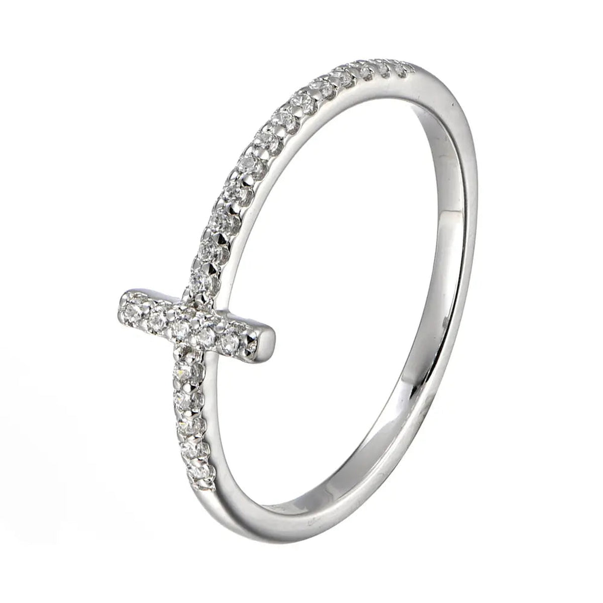 Rhodium-plated 925 sterling silver sideways cross ring with AAAAA cubic zirconia, on a white background.