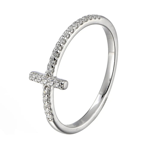 Rhodium-plated 925 sterling silver sideways cross ring with AAAAA cubic zirconia, on a white background.