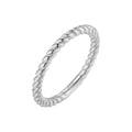 Front view of the rhodium-plated 925 sterling silver twisted rope band ring, 2mm stackable design, on white.