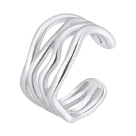 Close-up of the silver twisted wave ring highlighting the open-back adjustable 925 sterling silver band.