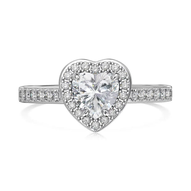 Close-up of the silver heart ring highlighting the high-refractive white zirconia and polished finish.